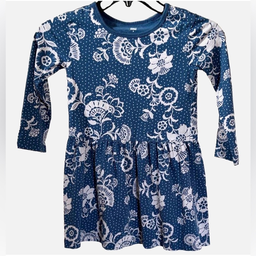 Tea Collection Girls Blue Floral Twirl Dress Size 5 Long Sleeve Knit